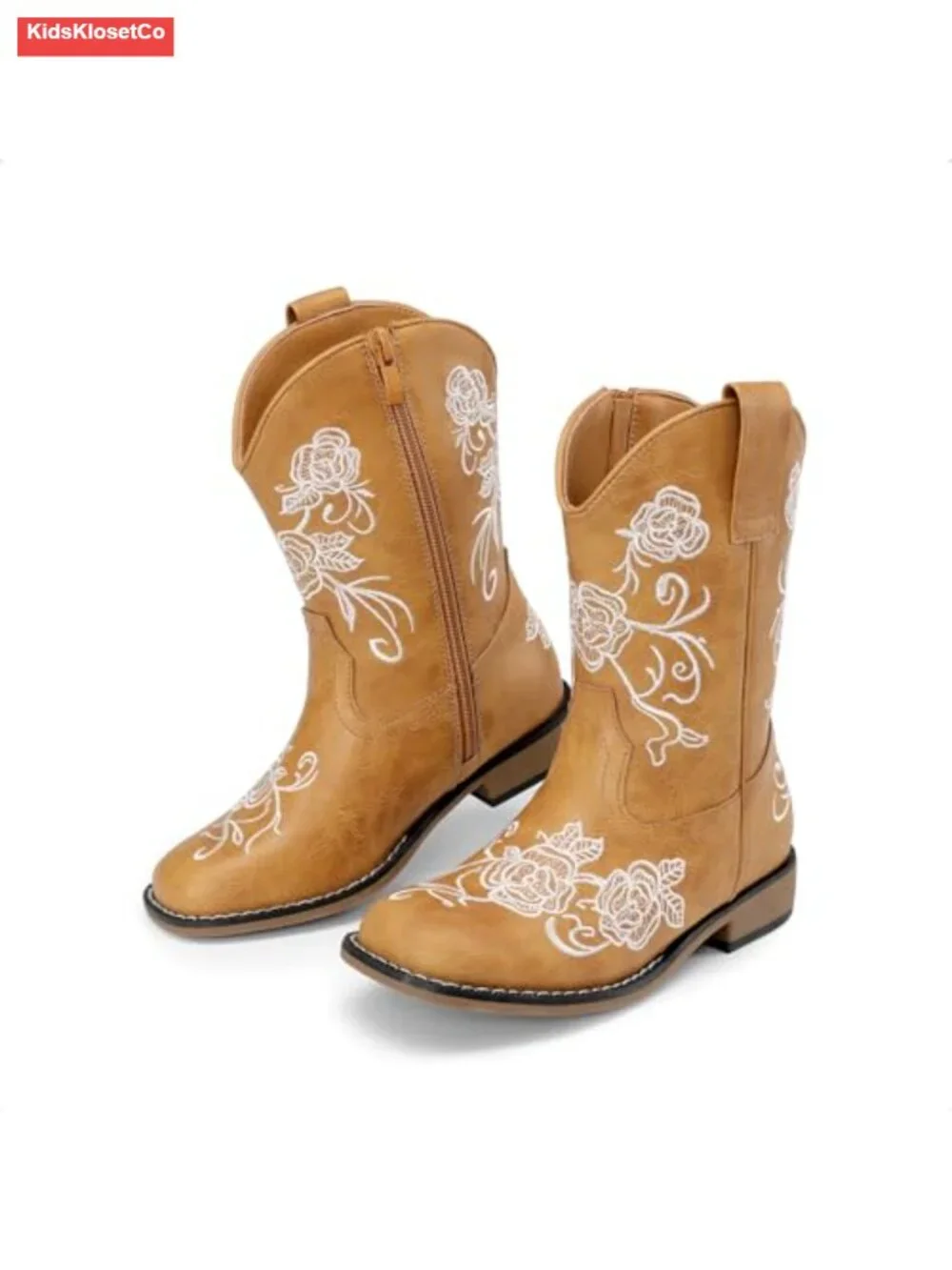 Girls Floral Embroidered Square Toe Mid Calf Cowboy Boots with Side Zipper